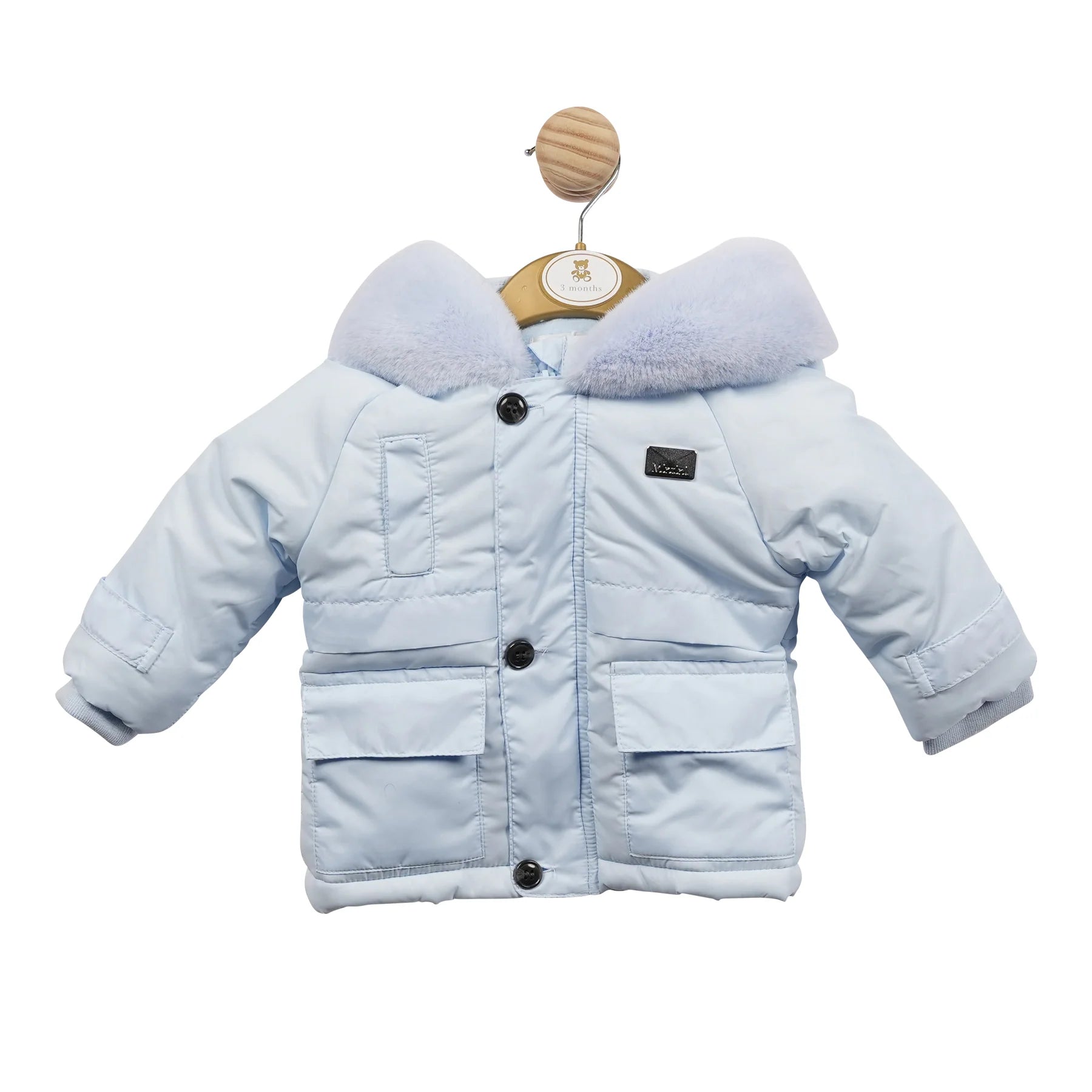 Mintini Baby Blue Coat with Luxury Faux Fur Hood