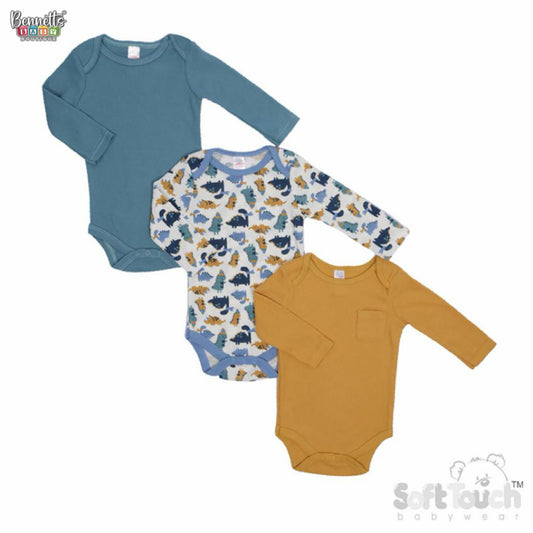 Soft Touch Dinosaur Triple pack Thermal bodysuits